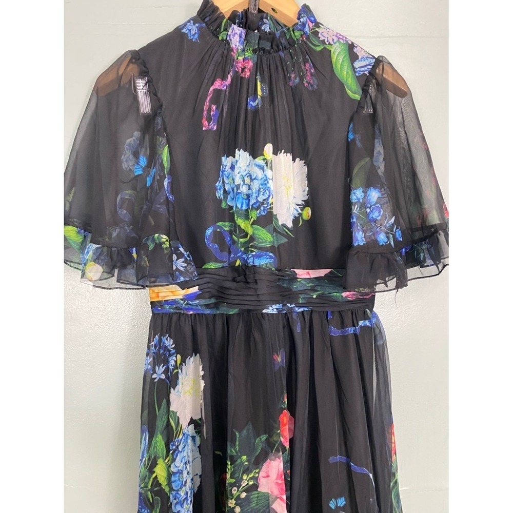 Mac Duggal Black Floral Print Ruffled High Neck Flutter Sleeve Gown Size 12 - Picture 3 of 6